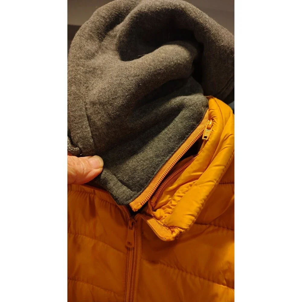 Boys Yellow Puffer Jacket with Gray Hood, Zip Closure, Hooded, Insulated